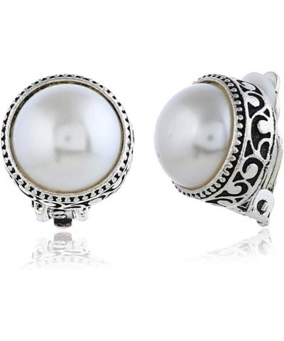 JustVintage Silver Tone Gothic Carved Pearl Ear Clips For Men Women Boys Girls White $10.43 Earrings