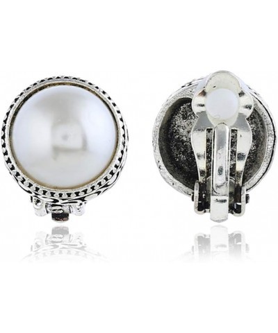 JustVintage Silver Tone Gothic Carved Pearl Ear Clips For Men Women Boys Girls White $10.43 Earrings