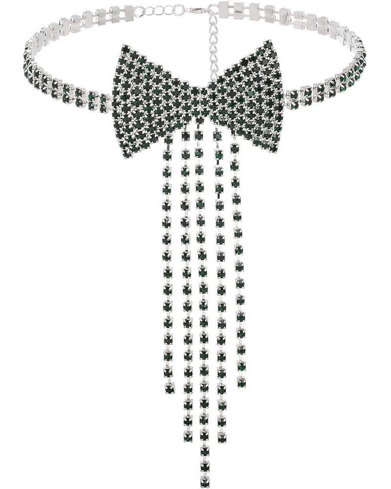 Rhinestone Bowknot Necklace Sparkly Tassel Choker Bow Tie Tennis Chain Party Nightclub Jewelry for Women and Girls Green $8.2...