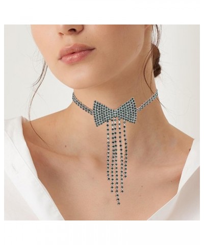 Rhinestone Bowknot Necklace Sparkly Tassel Choker Bow Tie Tennis Chain Party Nightclub Jewelry for Women and Girls Green $8.2...