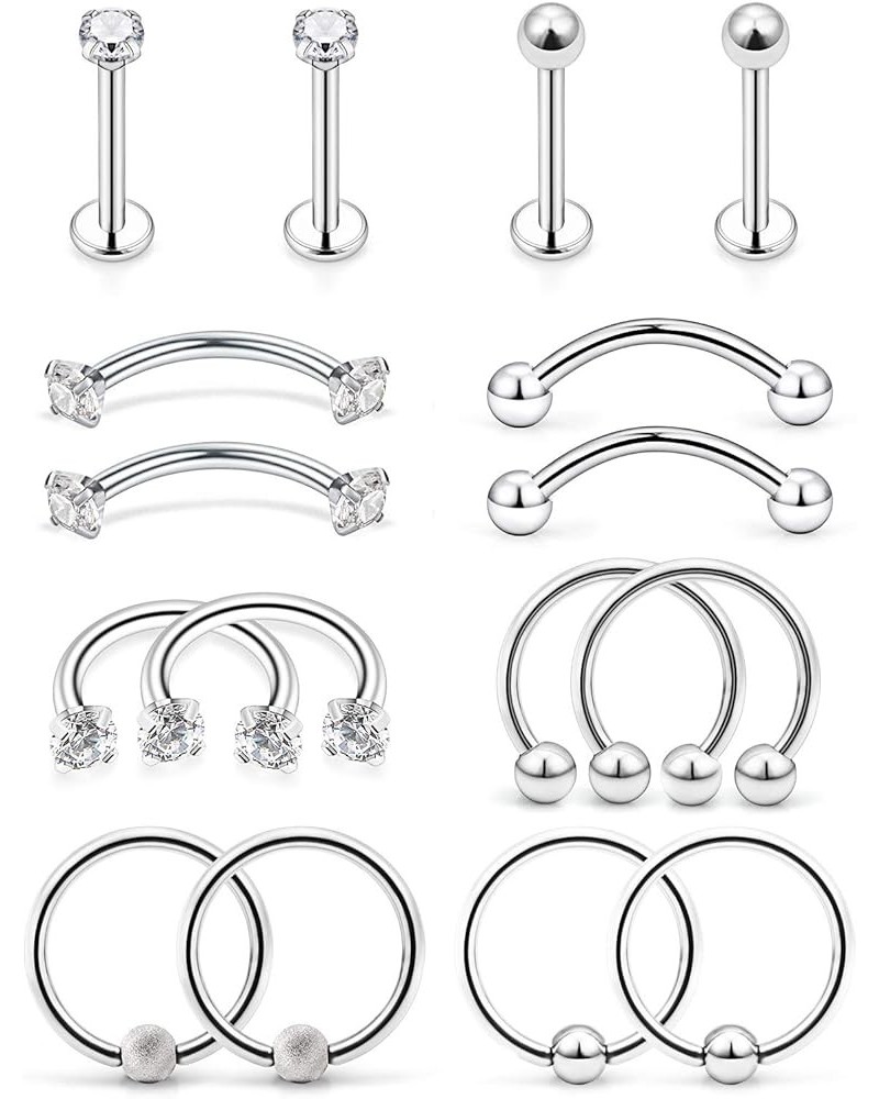 8 Pairs Stainless Steel Tragus Earring Clear Diamond CZ Forward Helix Hoop Cartilage Earring Studs Eyebrow Barbell Lip Labret...