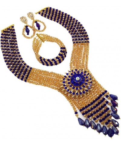 Fashion Crystal Beaded Multi Layers Necklace Nigerian Wedding African Beads Jewelry Set for Women Royal Blue Champagne Gold A...