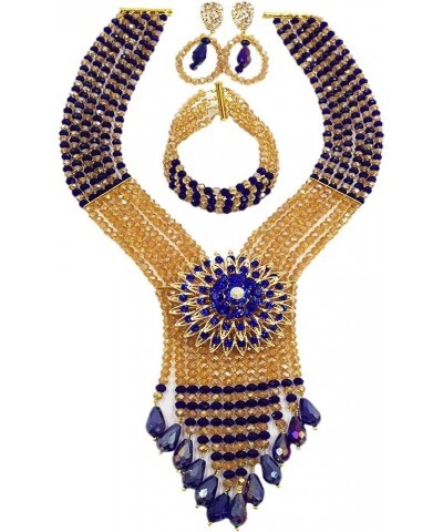 Fashion Crystal Beaded Multi Layers Necklace Nigerian Wedding African Beads Jewelry Set for Women Royal Blue Champagne Gold A...