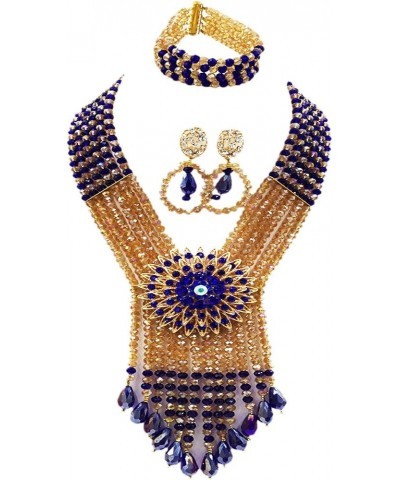 Fashion Crystal Beaded Multi Layers Necklace Nigerian Wedding African Beads Jewelry Set for Women Royal Blue Champagne Gold A...