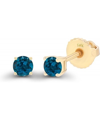 Solid 14K Gold 3mm Round Hypoallergenic Genuine Birthstone Solitaire Screwback Stud Earrings Blue Topaz-London Blue Topaz Yel...