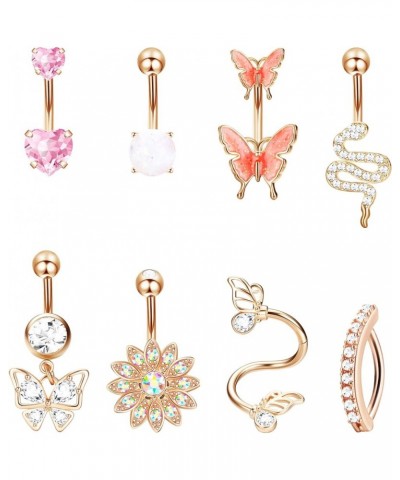 8PCS Belly Buton Ring Surgical Stainless Steel Belly Button Rings for Women Dangle Belly Button Rings Butterfly Cubic Zirconi...