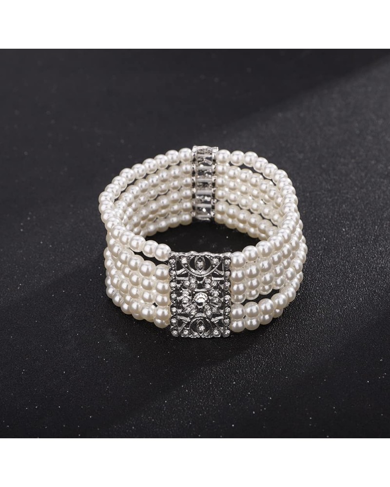 Women's Wedding Bridal Crystal Simulated Pearl Layered Row Strand Vintage Stretch Bracelet $10.59 Bracelets