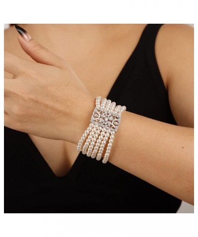 Women's Wedding Bridal Crystal Simulated Pearl Layered Row Strand Vintage Stretch Bracelet $10.59 Bracelets