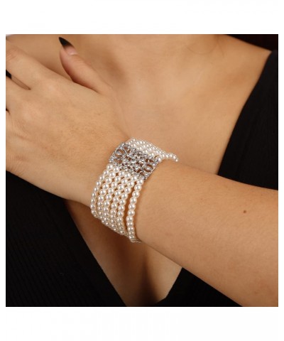 Women's Wedding Bridal Crystal Simulated Pearl Layered Row Strand Vintage Stretch Bracelet $10.59 Bracelets