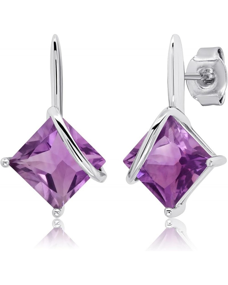 925 Sterling Silver Princess Cut Gemstone Square Drop Dangle Earrings for Women 7mm in Various Birthstones with Push Backs Ge...