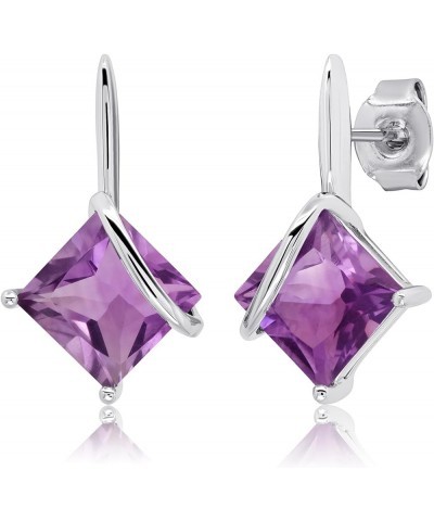 925 Sterling Silver Princess Cut Gemstone Square Drop Dangle Earrings for Women 7mm in Various Birthstones with Push Backs Ge...