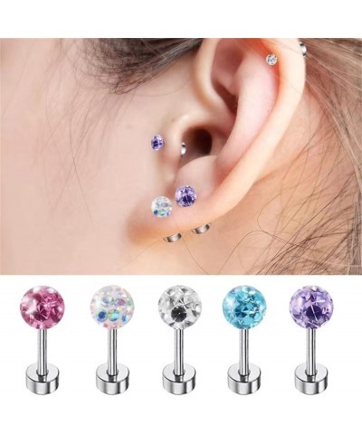 5 Pairs Crystal Ball Stud Earrings for Women Girls Stainless Steel 16G CZ Disco Ball Cartilage Earrings Flat Back Helix Tragu...