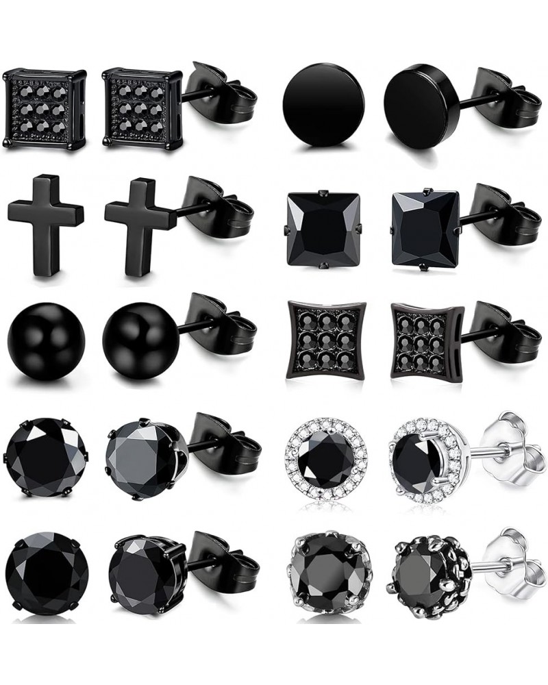 10 Pairs Stud Earrings for Men Stainless Steel Studs Earrings for Men Women Cross CZ Round Black Earrings CZ Inlaid Black $9....