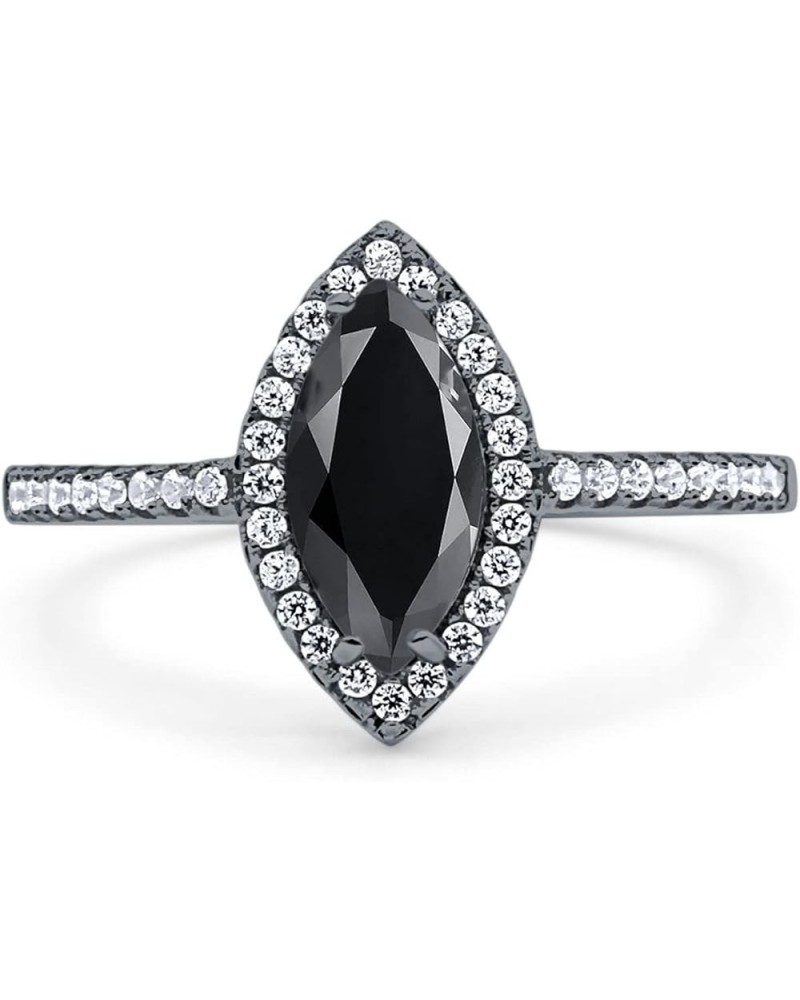 Fashion Halo Engagement Ring Marquise Round Simulated Cubic Zirconia Accent 925 Sterling Silver Black Tone, Simulated Black C...