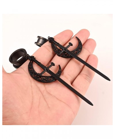 2PCS Cool Black Moon Sword Hanger Hypoallergenic Stainless Steel Plugs Ear Gauges Tunnels Piercing Expander Stretchers Fashio...