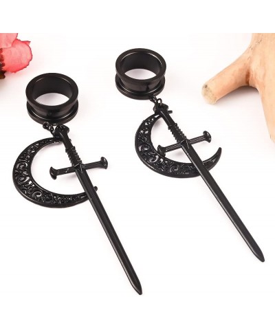 2PCS Cool Black Moon Sword Hanger Hypoallergenic Stainless Steel Plugs Ear Gauges Tunnels Piercing Expander Stretchers Fashio...