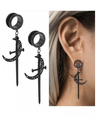 2PCS Cool Black Moon Sword Hanger Hypoallergenic Stainless Steel Plugs Ear Gauges Tunnels Piercing Expander Stretchers Fashio...