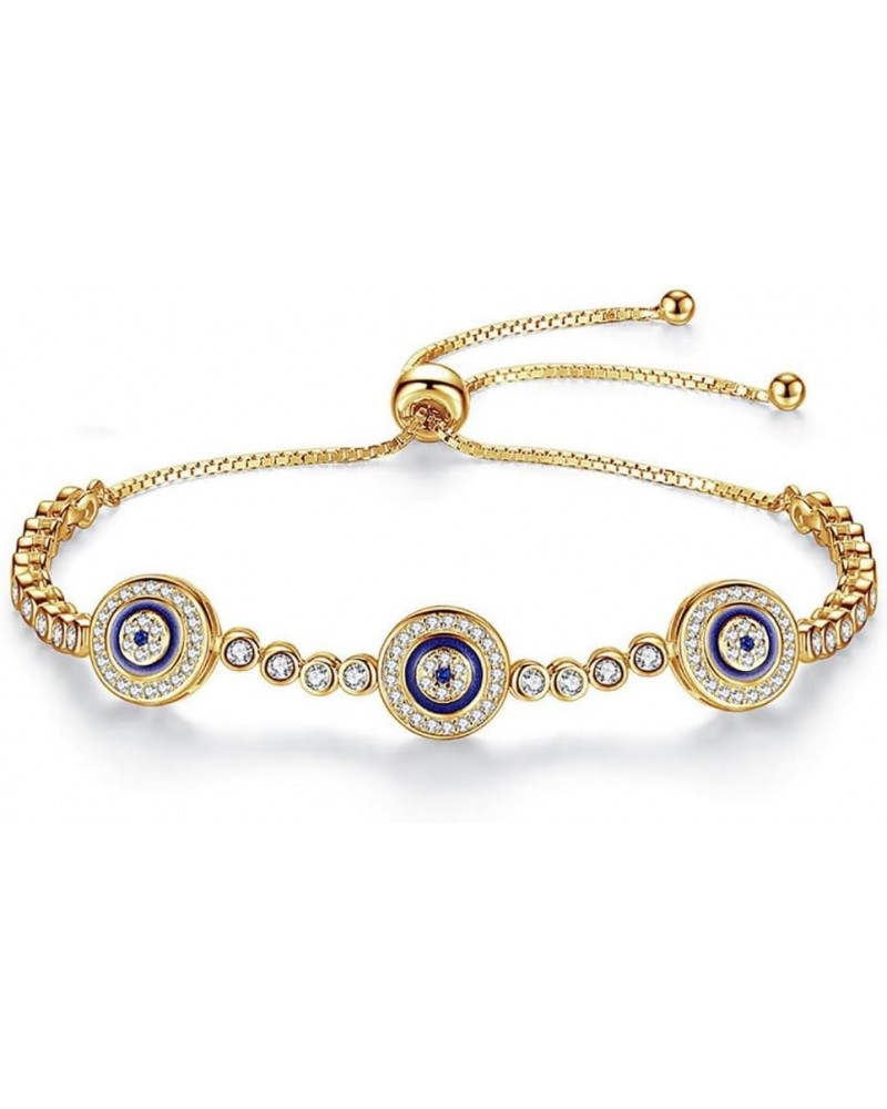 Elegant 14K Gold Evil Eye Moissanite Bracelet for Women,Turkish Style Triple Sapphire and Moissanite Devil's Eye Adjustable B...