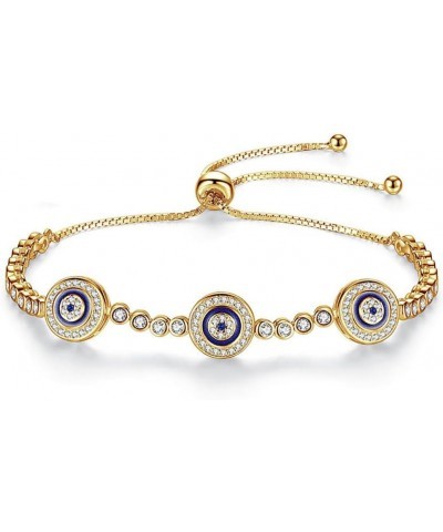 Elegant 14K Gold Evil Eye Moissanite Bracelet for Women,Turkish Style Triple Sapphire and Moissanite Devil's Eye Adjustable B...