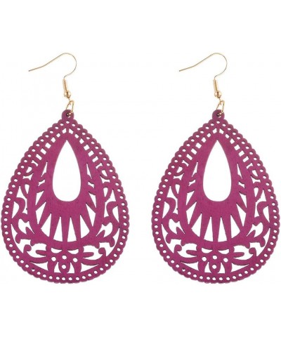 Bohemian Wood Earrings Natural Retro Lightweight Teardrop Geometric Hollow Wooden Dangle Drop Earrings Purple $6.41 Earrings