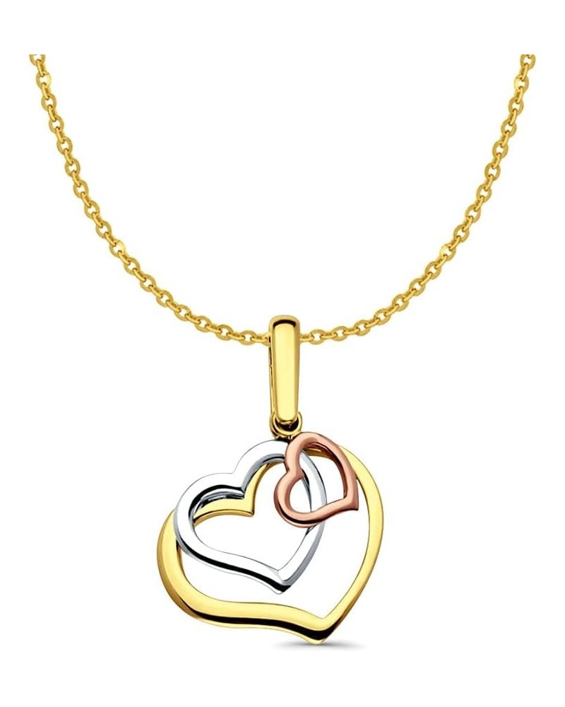 14K Tri Color Gold 3 Hearts Pendant 26mmX20mm with 16 Inch To 22 Inch 1.2MM Width 14K Yellow Gold Side DC Rolo Cable Chain Ne...