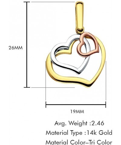 14K Tri Color Gold 3 Hearts Pendant 26mmX20mm with 16 Inch To 22 Inch 1.2MM Width 14K Yellow Gold Side DC Rolo Cable Chain Ne...