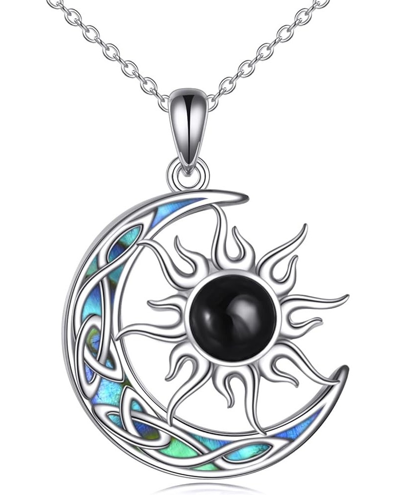 Sun and Moon Necklace for Women 925 Sterling Silver Celtic Crescent Moon Pendant Blue Opal/White Opal/Abelone Shell/Labradori...