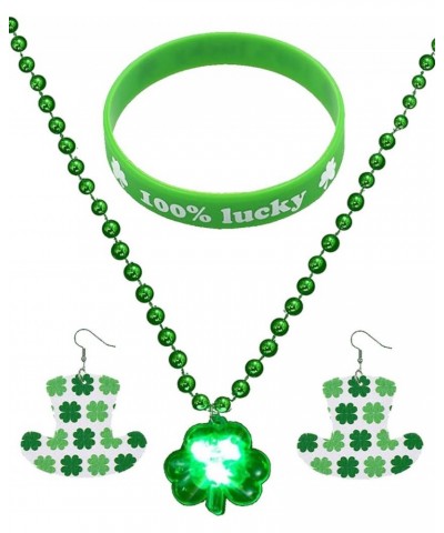 St. Patrick's Day LED Shamrock Necklace Set Irish Clover Earrings Silicone Bracelets Sets Light Up Green Beads Necklaces Sain...