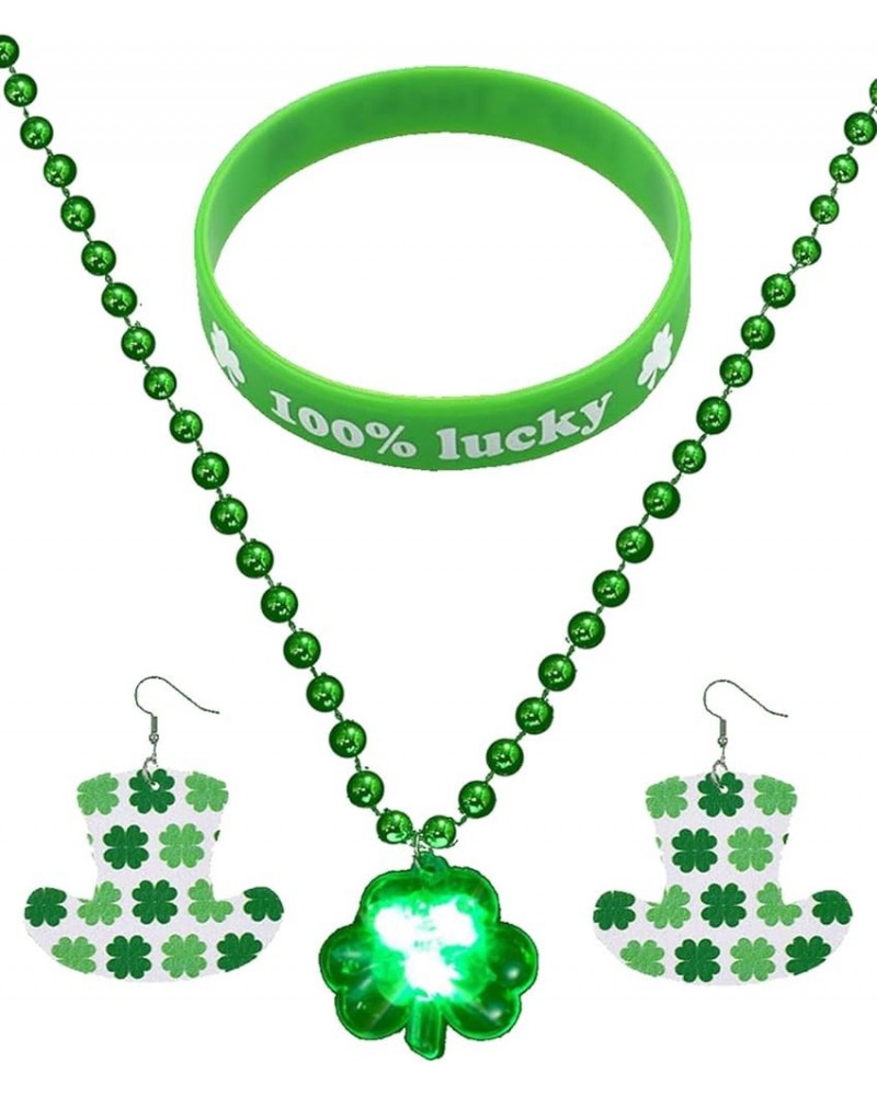 St. Patrick's Day LED Shamrock Necklace Set Irish Clover Earrings Silicone Bracelets Sets Light Up Green Beads Necklaces Sain...