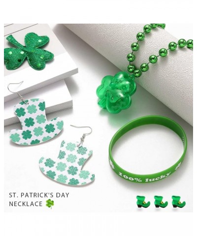 St. Patrick's Day LED Shamrock Necklace Set Irish Clover Earrings Silicone Bracelets Sets Light Up Green Beads Necklaces Sain...