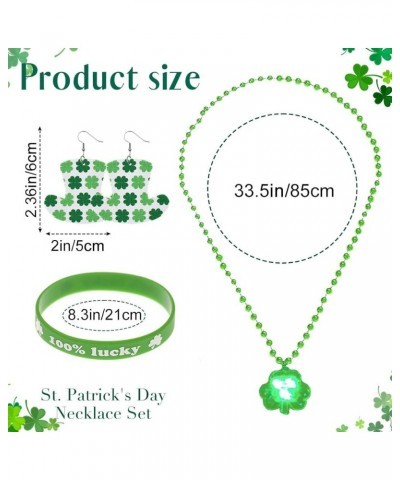 St. Patrick's Day LED Shamrock Necklace Set Irish Clover Earrings Silicone Bracelets Sets Light Up Green Beads Necklaces Sain...