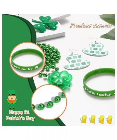 St. Patrick's Day LED Shamrock Necklace Set Irish Clover Earrings Silicone Bracelets Sets Light Up Green Beads Necklaces Sain...