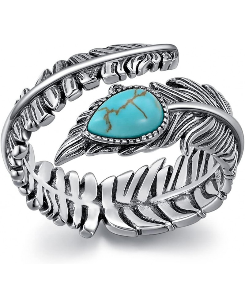 Genuine Turquoise/Moonstone Feather Ring for Women 925 Sterling Silver Oxidized Western Adjustable Ring Navajo Jewelry Gift f...