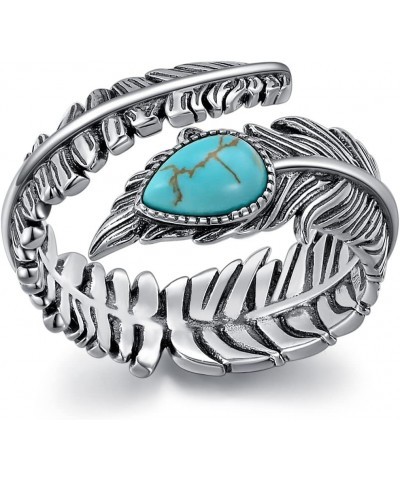 Genuine Turquoise/Moonstone Feather Ring for Women 925 Sterling Silver Oxidized Western Adjustable Ring Navajo Jewelry Gift f...