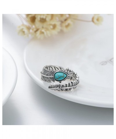 Genuine Turquoise/Moonstone Feather Ring for Women 925 Sterling Silver Oxidized Western Adjustable Ring Navajo Jewelry Gift f...