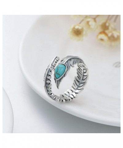 Genuine Turquoise/Moonstone Feather Ring for Women 925 Sterling Silver Oxidized Western Adjustable Ring Navajo Jewelry Gift f...