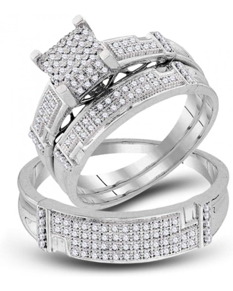 10kt White Gold Trio His & Hers Round Diamond Square Matching Bridal Wedding Ring Band Set 1/2 Cttw Women 4 Mens 10.5 $294.06...