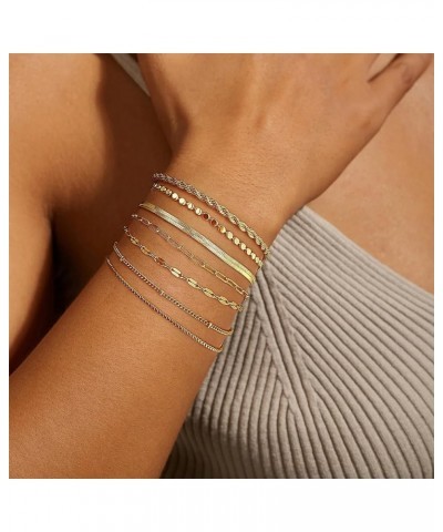 Gold Bracelets for Women Dainty 14K Gold Plated Herringbone Bracelets Jewelry Sets Stackable Figaro Chain Paperclip Link Chai...