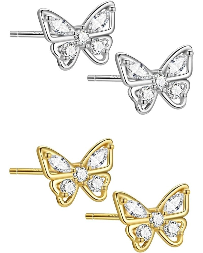 925 Sterling Silver Cubic Zirconia Butterfly Stud earrings for Women Girl Golden&Silver $10.19 Earrings