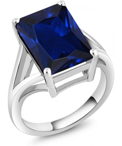 925 Sterling Silver Blue Created Sapphire Solitaire Ring For Women (10.00 Cttw, Emerald Cut 14X10MM, Available In Size 5, 6, ...