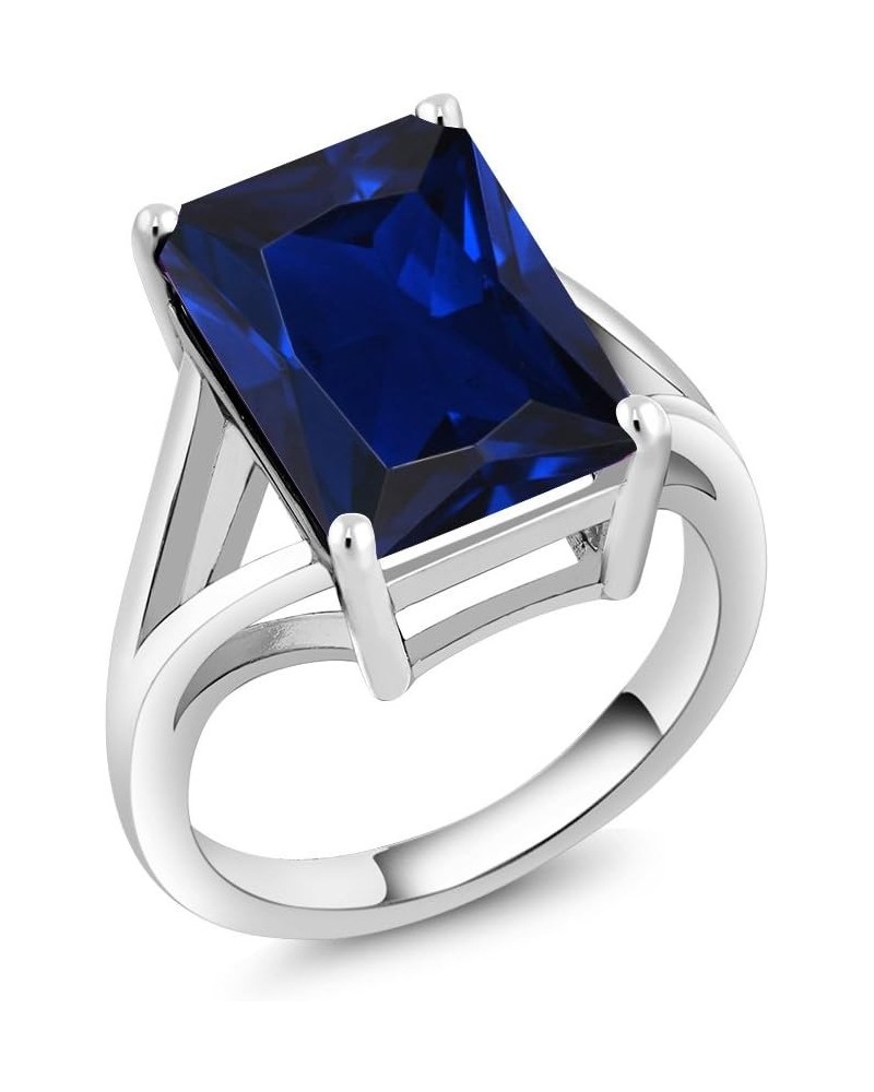 925 Sterling Silver Blue Created Sapphire Solitaire Ring For Women (10.00 Cttw, Emerald Cut 14X10MM, Available In Size 5, 6, ...