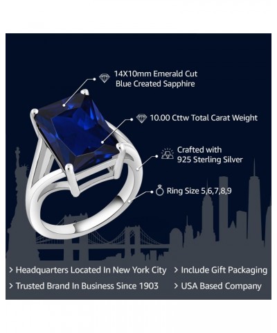 925 Sterling Silver Blue Created Sapphire Solitaire Ring For Women (10.00 Cttw, Emerald Cut 14X10MM, Available In Size 5, 6, ...