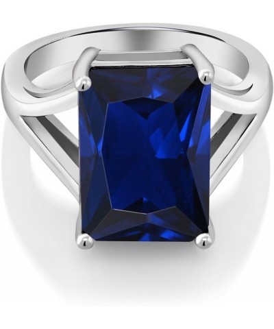 925 Sterling Silver Blue Created Sapphire Solitaire Ring For Women (10.00 Cttw, Emerald Cut 14X10MM, Available In Size 5, 6, ...