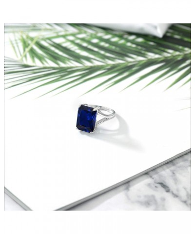 925 Sterling Silver Blue Created Sapphire Solitaire Ring For Women (10.00 Cttw, Emerald Cut 14X10MM, Available In Size 5, 6, ...