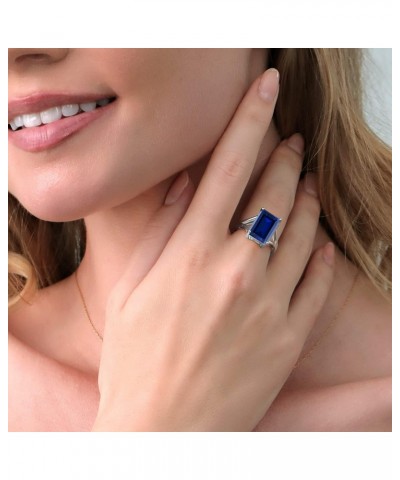 925 Sterling Silver Blue Created Sapphire Solitaire Ring For Women (10.00 Cttw, Emerald Cut 14X10MM, Available In Size 5, 6, ...