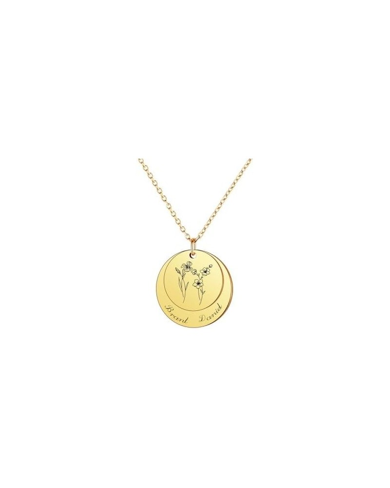 Personalized Disc Birth Flower Name Necklace with Birthstone for Women, Custom 14K Gold-Plated Dainty Letter Pendant Engraved...