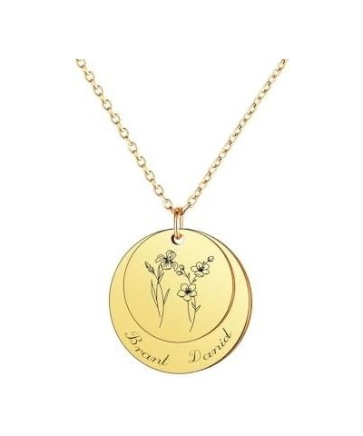 Personalized Disc Birth Flower Name Necklace with Birthstone for Women, Custom 14K Gold-Plated Dainty Letter Pendant Engraved...