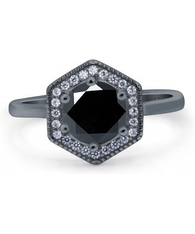 Art Deco Hexagon Shape Wedding Bridal Ring Round Simulated Cubic Zirconia 925 Sterling Silver Black Tone, Simulated Black CZ ...