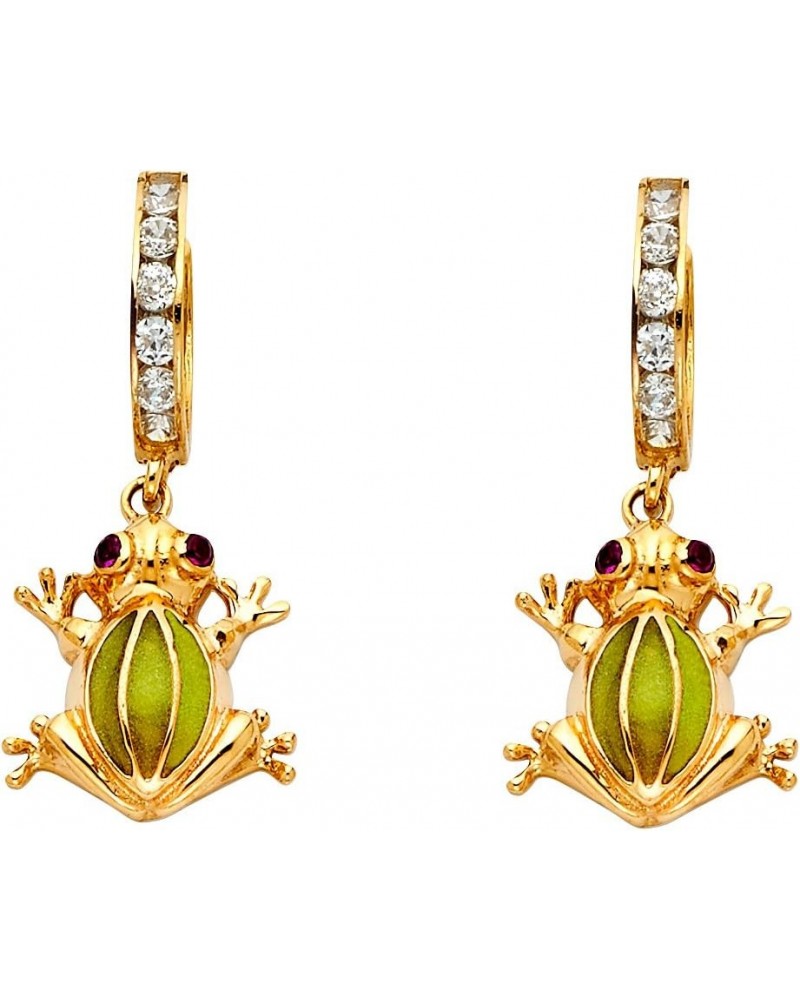 Solid 14k Yellow Gold Frog Dangle Earrings Huggies CZ Drop Style Good Luck Charm Polished Fancy 33x15 mm $147.84 Earrings