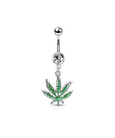 Silver 316L Belly Dangle Accented with Marijuana Leaf with CZ Stone $7.25 Body Jewelry